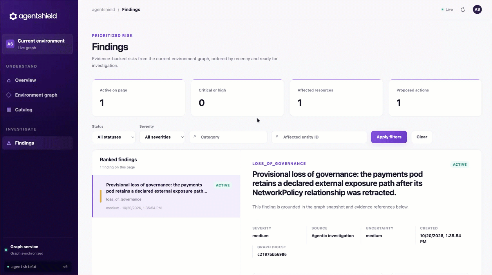 A loss_of_governance finding in the Findings tab: the payments pod keeps an external exposure path after its NetworkPolicy was removed