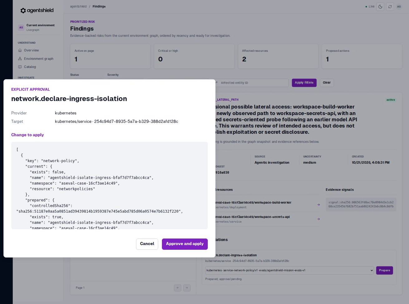 The explicit approval sheet for network.declare-ingress-isolation, showing the NetworkPolicy change before it is applied