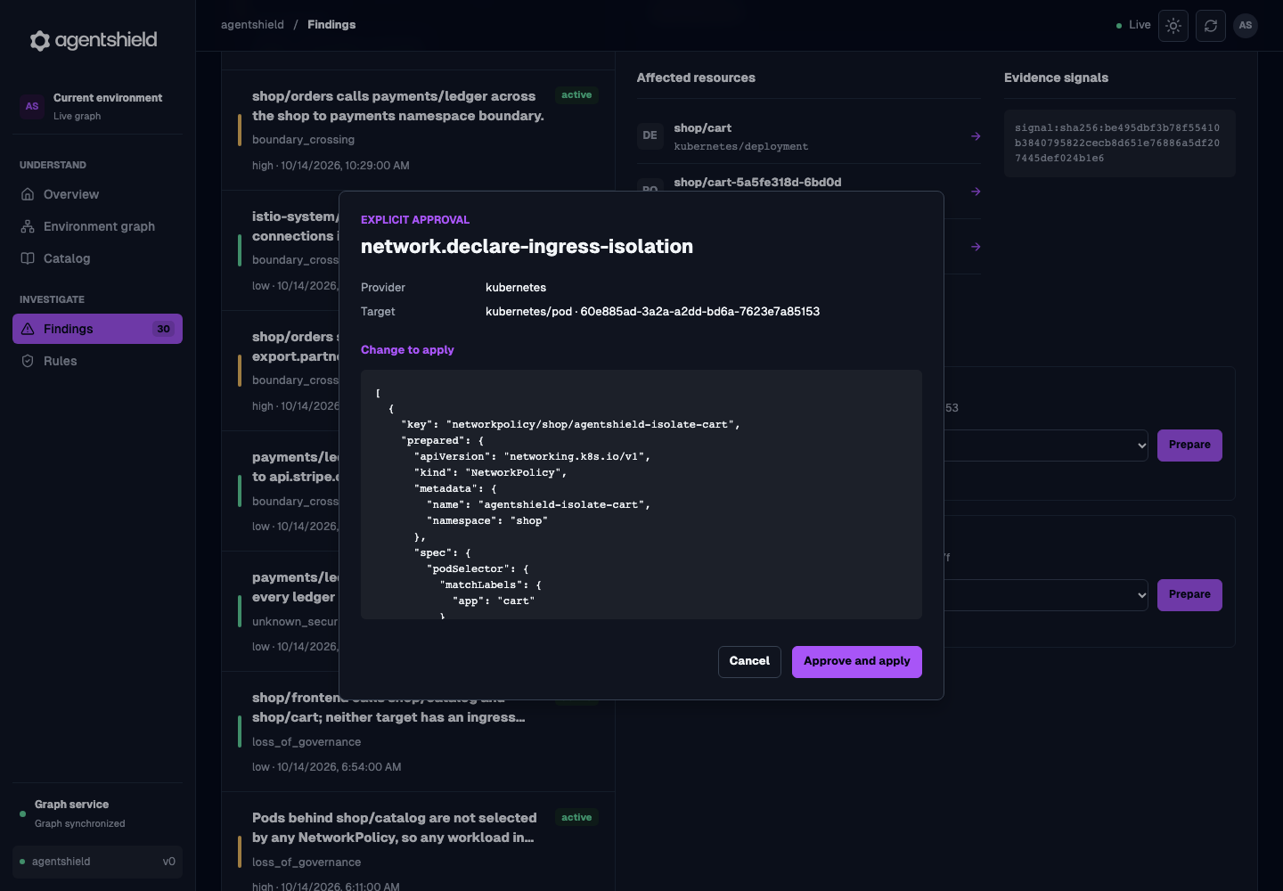 The approval sheet showing the provider, target Pod, proposed NetworkPolicy, and approval controls.